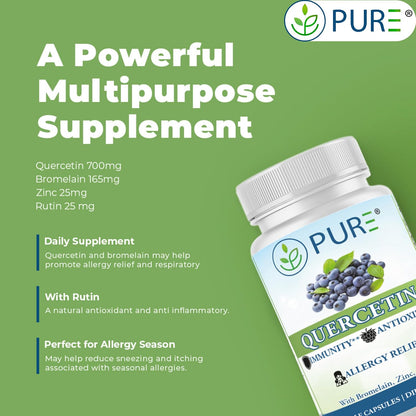 PURE® Quercetin+ with Zinc, Bromelain, Rutin Immune Shield - 60 Capsules - High Bioavailability Antioxidant Complex for Respiratory Health & Viral Defense - Made in USA