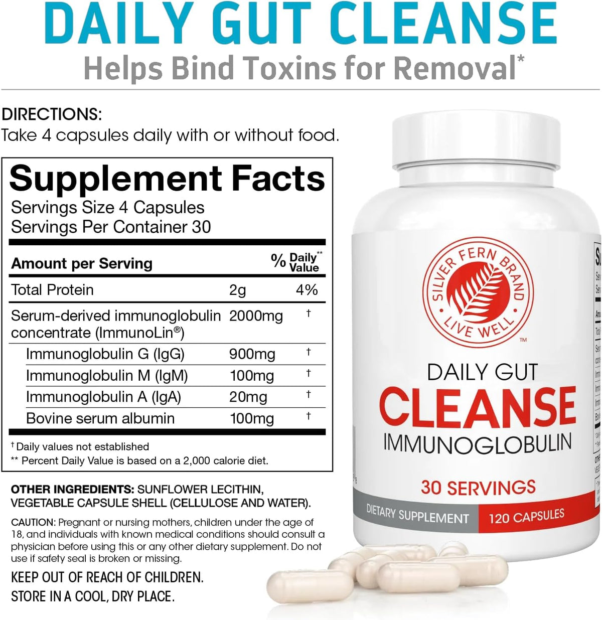 Silver Fern Gut Rehab Kit - 30 Day Supply - Cleanse Daily | (1 Bottle = 120 Capsules) & Ultimate Probiotic (1 Bottle = 60 Capsules) - Immunoglobulins & Spore Forming Probiotics