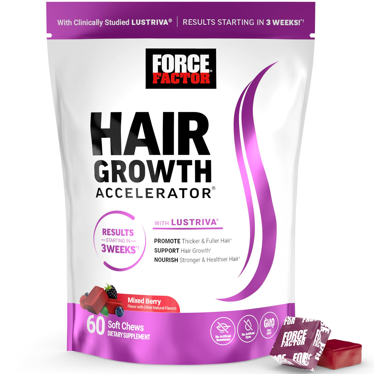 Force Factor Hair Growth Accelerator Soft Chews, Hair Growth Vitamins for Women and Men with Clinically Studied Lustriva and Biotin, Promotes Thicker