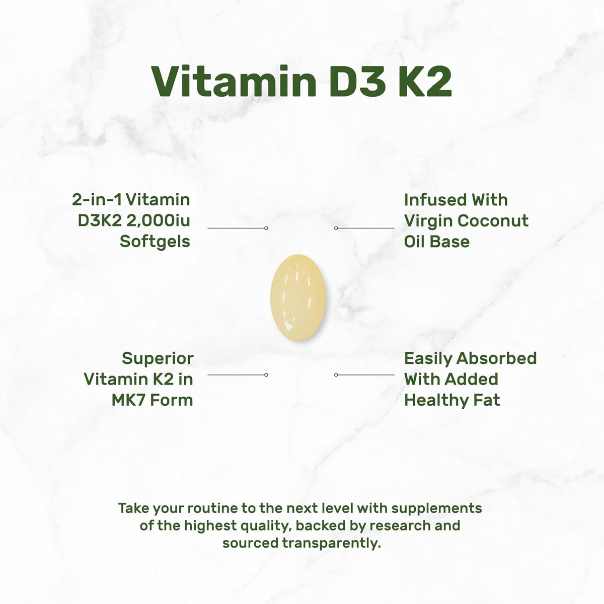 DEAL SUPPLEMENT Vitamin D3 2,000 IU + K2 MK7 50mcg Softgels | 2-in-1 Complex with Virgin Coconut Oil | Supports Heart, Bone, Teeth & Immune Health | Easy to Swallow