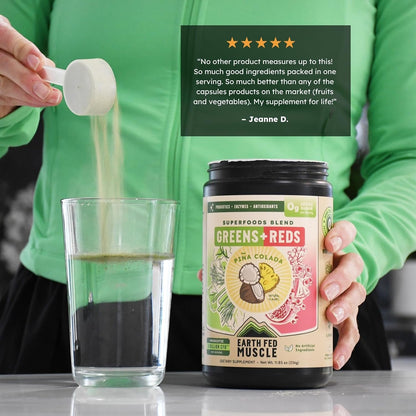 Earth Fed Muscle Greens and Reds Superfoods Blend, Piña Colada – Kale, Spirulina, Wheatgrass & Elderberry – Antioxidant Support, Vitamins & Probiotics – No Artificial Ingredients – 30 Servings | Kale, Spirulina, Wheatgrass & Elderberry, Antioxidant Suppor