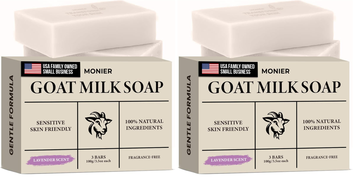 MONIER Goat Milk Soap Bar For Dry & Sensitive Skin - 100% Natural & Organic | Skin Care, Enriched With Shea Butter, Use On Face, Body & Hands, For Men, Women, Kids & Baby (Lavender, 3 Pack)