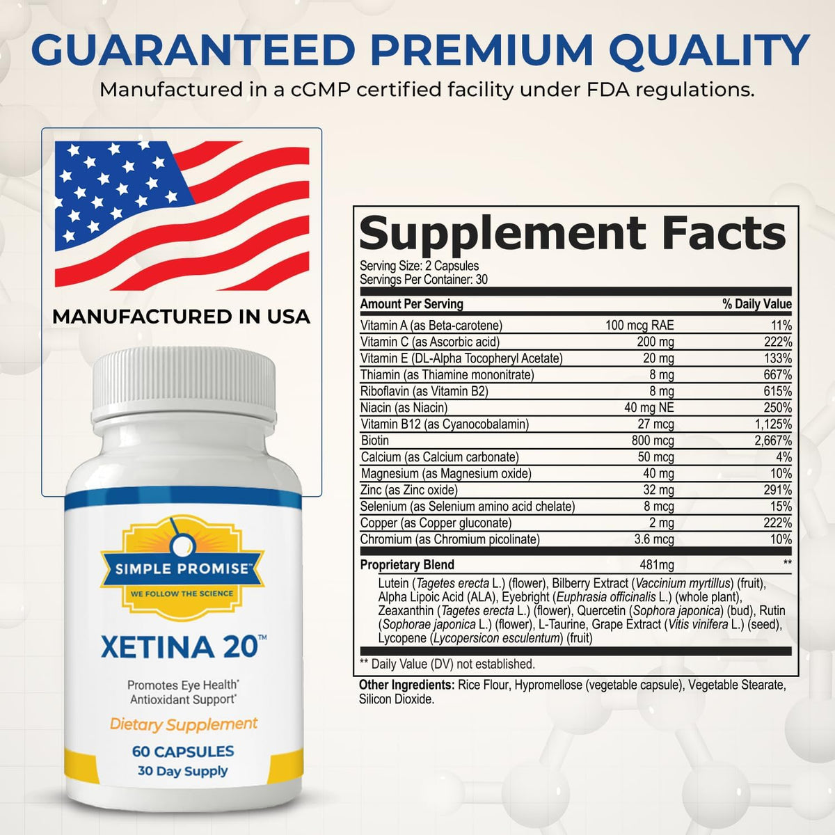 Xetina 20 - Lutein and Zeaxanthin Eye Vitamins - Adults and Seniors Care | Eye Nutrient Complex, Daily Vision Support, Bilberry and Grape Seed, Simple Once-Daily Routine, Non-GMO
