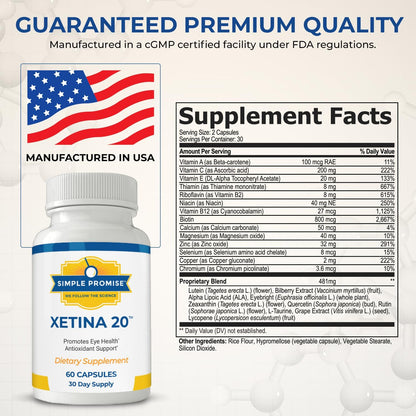 Xetina 20 - Lutein and Zeaxanthin Eye Vitamins - Adults and Seniors Care | Eye Nutrient Complex, Daily Vision Support, Bilberry and Grape Seed, Simple Once-Daily Routine, Non-GMO