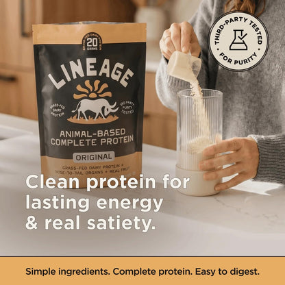 Lineage Provisions Chocolate Whey Protein Powder, 3.09 lbs | 20g complete grass-fed protein with organs, colostrum & fruit. No gums, fillers or artificial sweeteners.