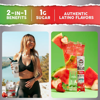 Salud 2-Pack | 2-in-1 Hydration + Immunity (Hibiscus) & Energy + Focus (Strawberry Watermelon) – 15 Servings Each, Agua Fresca Drink Mix, Non-GMO, Gluten Free, Vegan, Low Calorie, 1g of Sugar