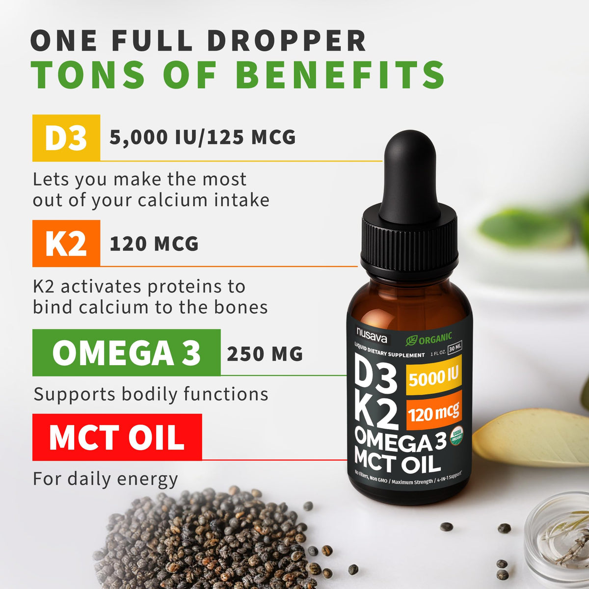 (2 Pack) Organic Vitamin D3 K2 Drops with MCT Oil & Omega 3 - Liquid Vitamin D3 5000 IU - K2 D3 Vitamin Supplement - Vitamin D Drops for Women & Men - No Fillers, Non-GMO, GMP, Unflavored (2 Fl Oz)