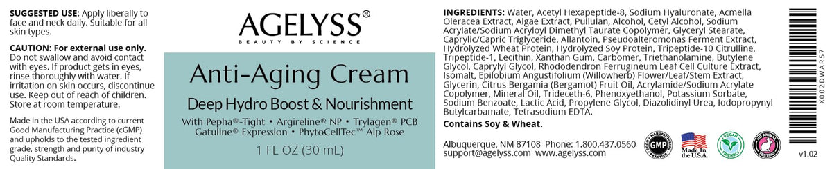 Agelyss Anti-Aging Cream With Pepha-Tight - For Wrinkles & Fine Lines - Paraben-Free, Cruelty-Free, Vegan - 1 fl oz. - Pack of 1