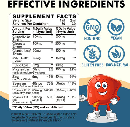 Zeolite Detox for Kids and Adults, Zeolite Clinoptilolite Liquid Drops with Chlorella, Magnesium, Zinc, Methy Vitamin B12 & D3, Gut Liver Detox Cleanse, Immunity, Pineapple Flavor 2 Fl Oz