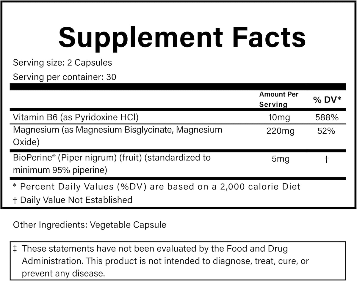 PURE® Magnesium+ High Absorption Supplement - 220mg Elemental Magnesium Bisglycinate Complex - 60 Capsules, 30 Servings - Vitamin B6 & BioPerine® for Maximum Uptake - Muscle, Sleep & Nerve Support