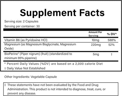 PURE® Magnesium+ High Absorption Supplement - 220mg Elemental Magnesium Bisglycinate Complex - 60 Capsules, 30 Servings - Vitamin B6 & BioPerine® for Maximum Uptake - Muscle, Sleep & Nerve Support