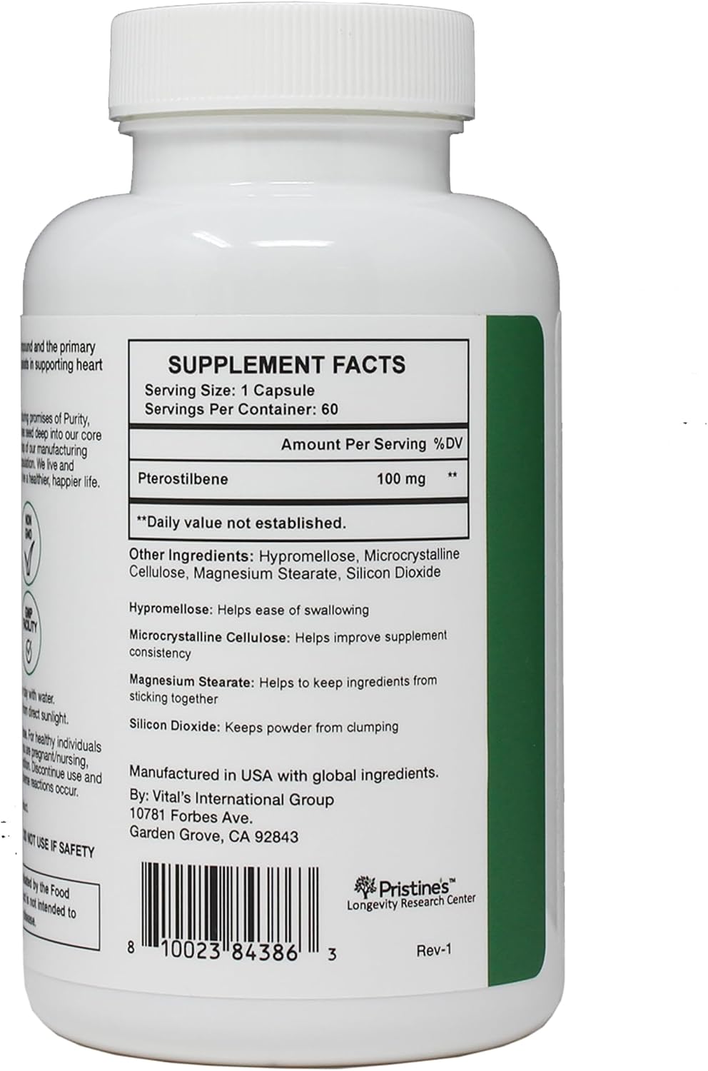 PRISTINE'S Pterostilbene 100mg Healthy Aging Capsules, Vegan, 60 Day Supply | Antioxidant and healthy aging support in a focused polyphenol capsule. 60 day supply, vegan, non-GMO, gluten-free glass.