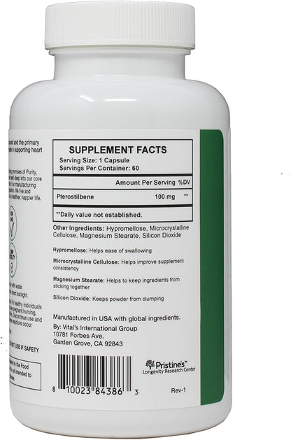 PRISTINE'S Pterostilbene 100mg Healthy Aging Capsules, Vegan, 60 Day Supply | Antioxidant and healthy aging support in a focused polyphenol capsule. 60 day supply, vegan, non-GMO, gluten-free glass.