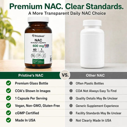 PRISTINE'S NAC 600mg N-Acetyl Cysteine Capsules, Glutathione Support | Glutathione support in a simple NAC capsule routine. Antioxidant support, 60 day supply, vegan, non-GMO, gluten-free