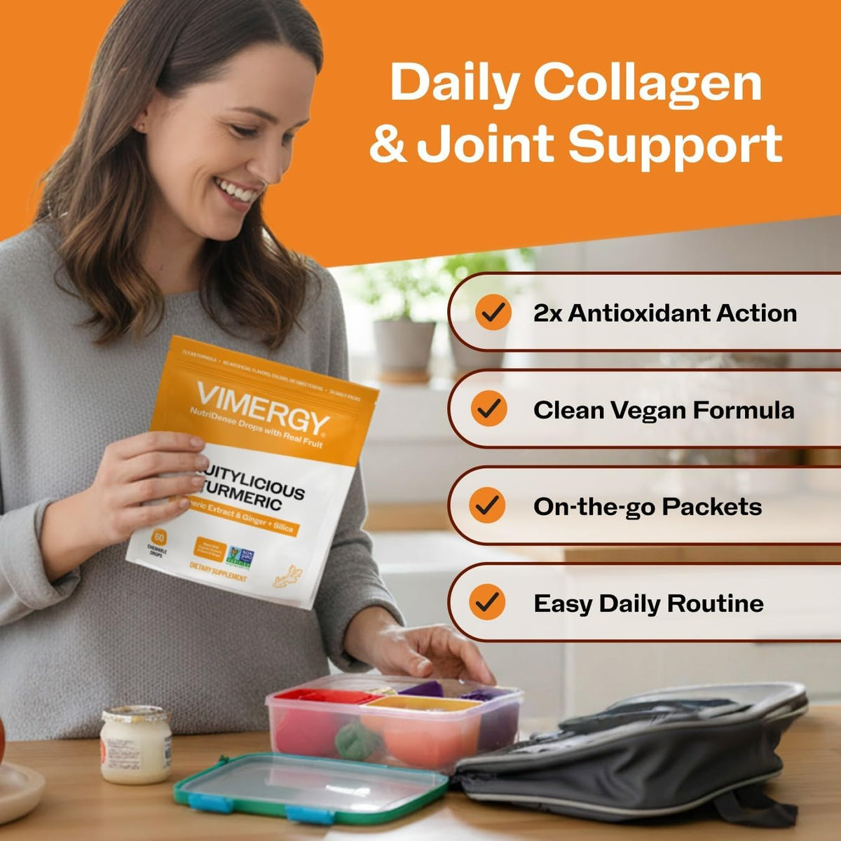 Vimergy NutriDense Fruitylicious Turmeric + Ginger Chewables (300mg Turmeric Extract, 22mg Silica, 10mg Ginger per Serving) Vegan, Mobility Support, 30 Servings (60 Count)