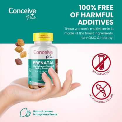 CONCEIVE PLUS Prenatal Gummies - DHA, Folic Acid, Vitamin D3, C, Zinc, and Omega 3, Natural Lemon