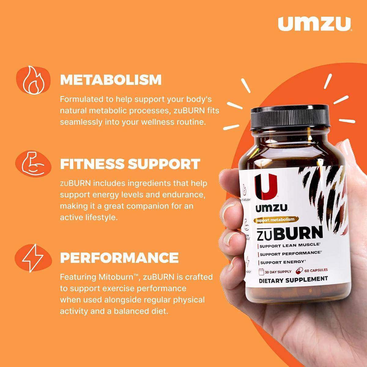 UMZU ZuBurn Energy Support Supplement, 30 Day Supply | Caffeine, MitoBurn, Capsimax, Grains of Paradise, Vitamins B6 and B12, Daily Energy, Focus, Active Lifestyle Support
