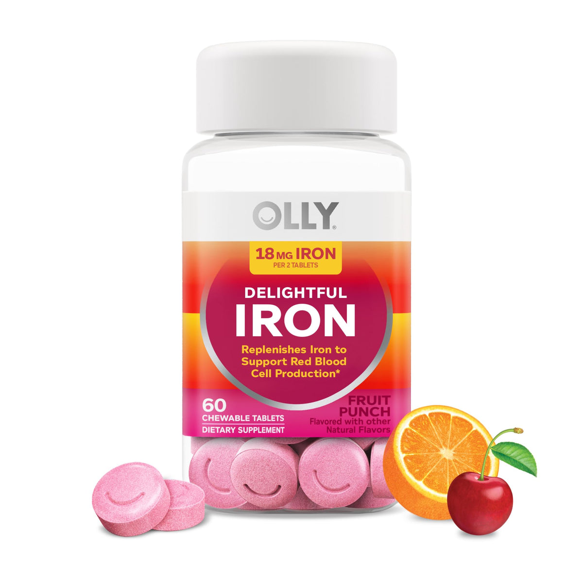 OLLY Delightful Iron Chewable Tablet, Iron Supplement from AB Fortis, Fruit Punch Flavored, 30 or 20 Day Supply - 60 Count