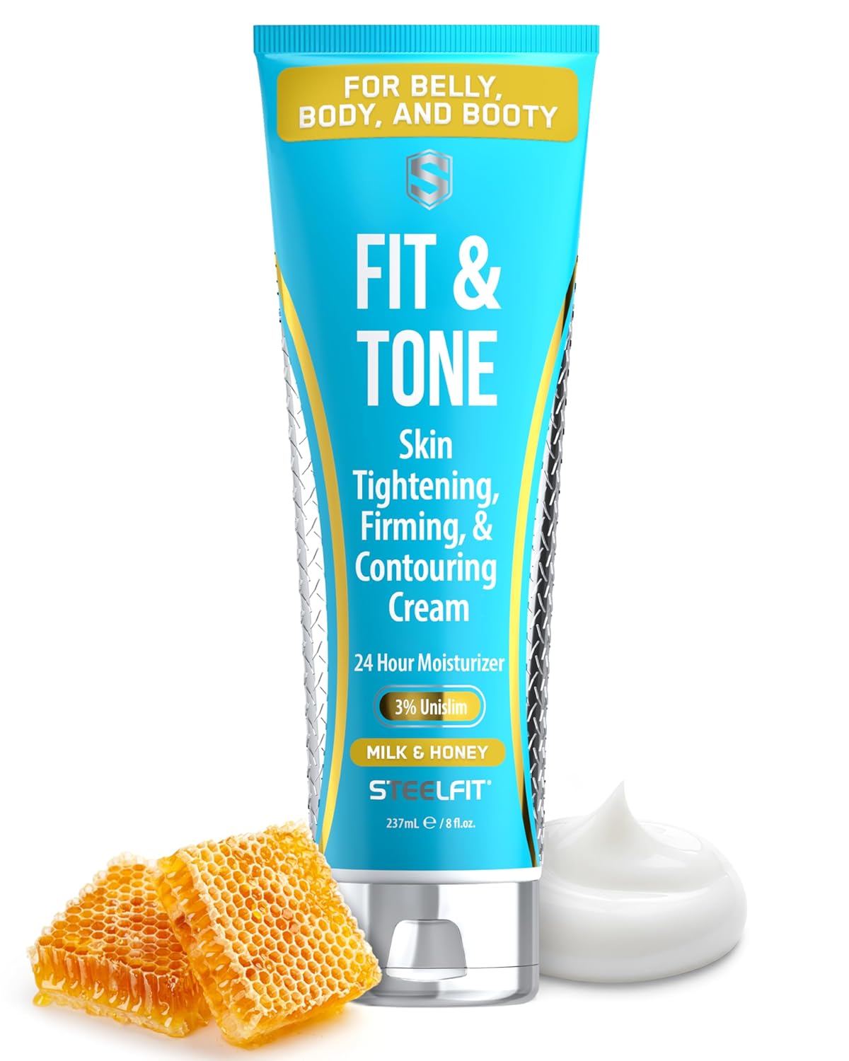 SteelFit Firming Body Lotion - Contouring & Skin Tightening Cream for Body | Firm & Tone Cellulite Remover for Legs Belly & Saggy Skin - Nourishing & Soothing with Shea & Cocoa Butter - Milk & Honey