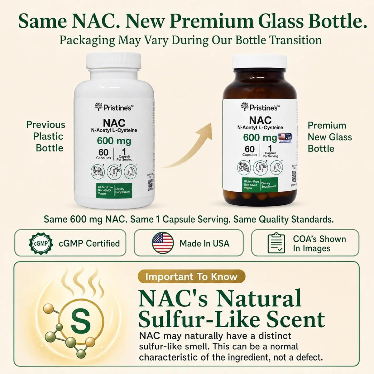 PRISTINE'S NAC 600mg N-Acetyl Cysteine Capsules, Glutathione Support | Glutathione support in a simple NAC capsule routine. Antioxidant support, 60 day supply, vegan, non-GMO, gluten-free