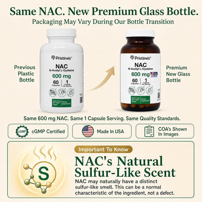 PRISTINE'S NAC 600mg N-Acetyl Cysteine Capsules, Glutathione Support | Glutathione support in a simple NAC capsule routine. Antioxidant support, 60 day supply, vegan, non-GMO, gluten-free