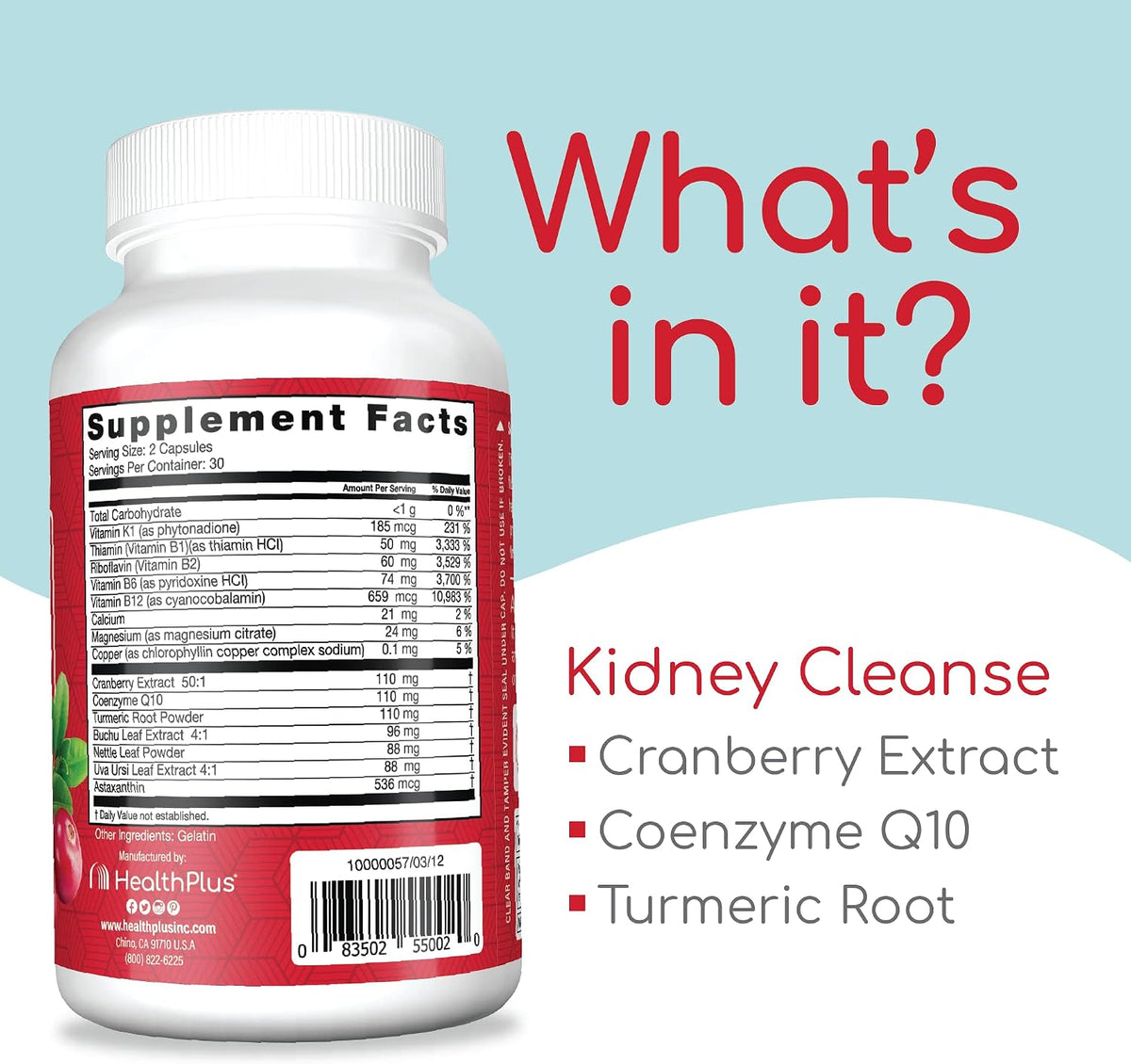 Health Plus Advanced Kidney Cleanse Support Supplement, 60 Capsules | With cranberry extract, turmeric root, and CoQ10, 30 servings; may support healthy kidney function and urinary tract wellness