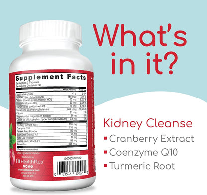 Health Plus Advanced Kidney Cleanse Support Supplement, 60 Capsules | With cranberry extract, turmeric root, and CoQ10, 30 servings; may support healthy kidney function and urinary tract wellness