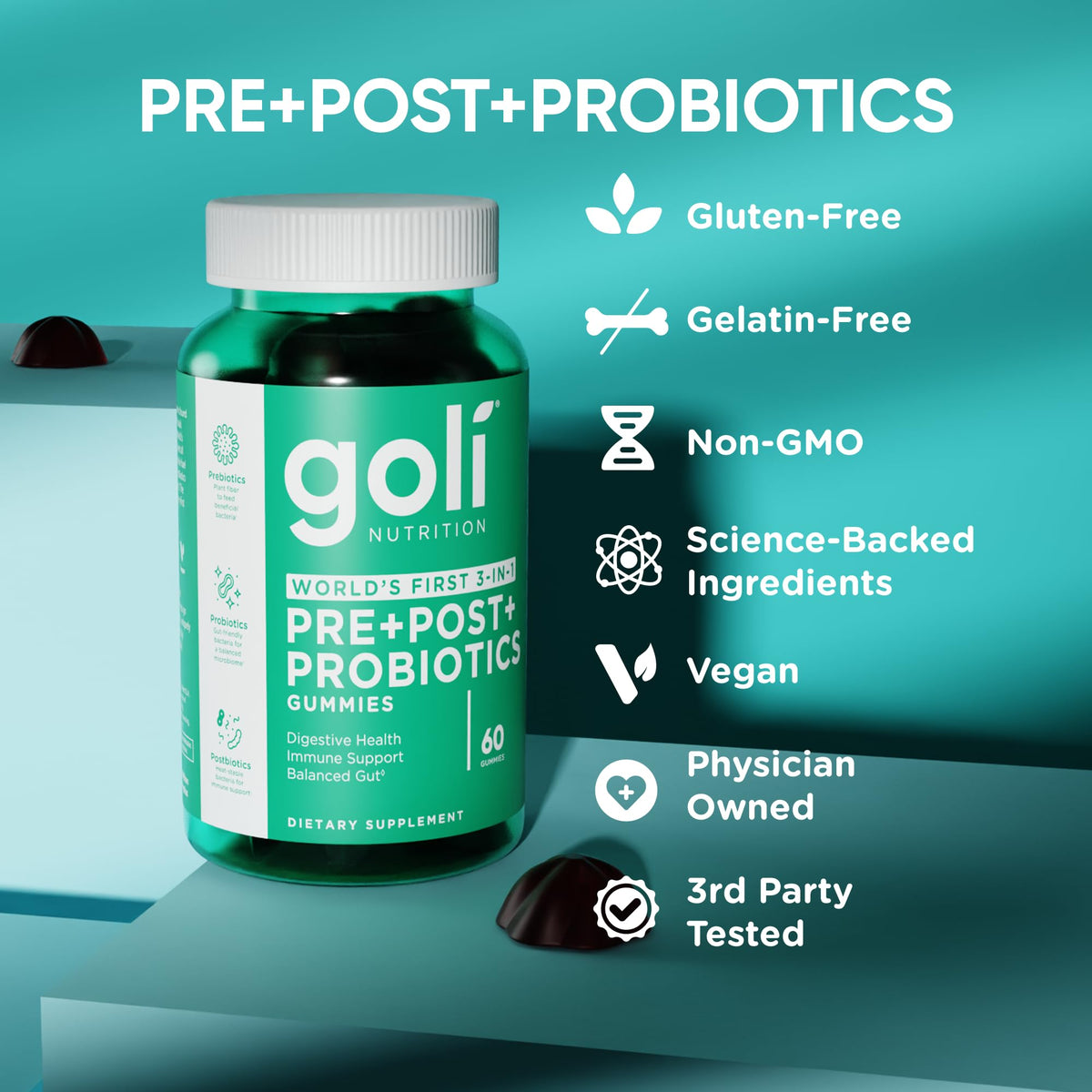 Goli Pre Pro Postbiotic Gummies - Worlds First 3-in-1 Formula with DE111 Probiotics, XOS Prebiotics, MCC1849 Postbiotics - Vegan, Non-GMO, Gluten-Free