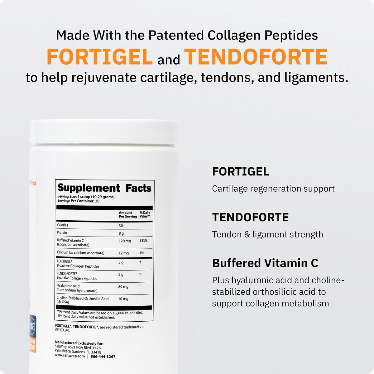 SaltWrap Collagen Synthesis Peptides for Joint and Tendon Recovery | NSF Certified for Sport, Patented Tendoforte and Fortigel Support Cartilage Repair, Unflavored Collagen Powder Supplement
