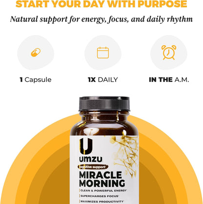 UMZU Miracle Morning Energy Support Supplement, 30 Day Supply | PurCaf Caffeine and Theacrine, Organic Ingredients, Morning Energy, Focus and Mood Support, Daily Energy and Focus Supplement