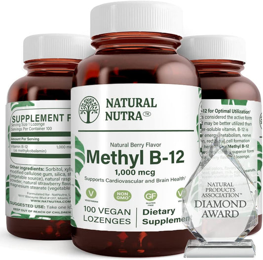 Natural Nutra Vegan Methyl B12 1000mcg, 100 Vegan Lozenges | Supports Cardiovascular & Brain Health, Energy Booster Supplement, Gluten-Free, Enhances Immune Response, Natural Berry Flvr