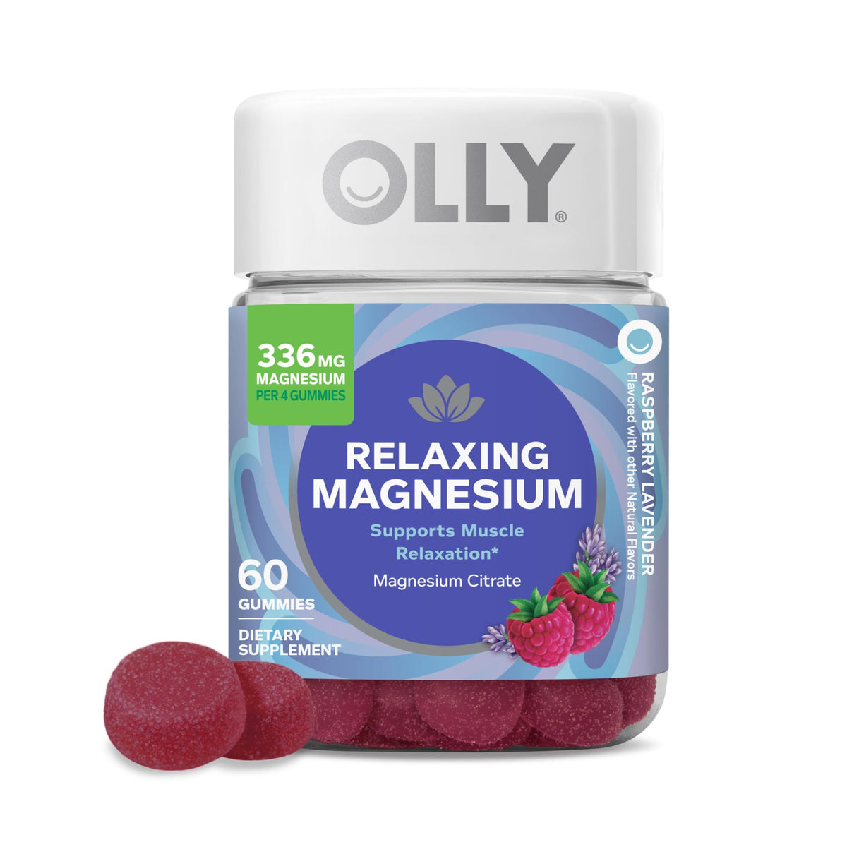 OLLY Relaxing Magnesium Gummies, Supports Muscle Relaxation*, Magnesium Citrate, Raspberry Lavender Flavor, 15 Day Supply - 60 Count