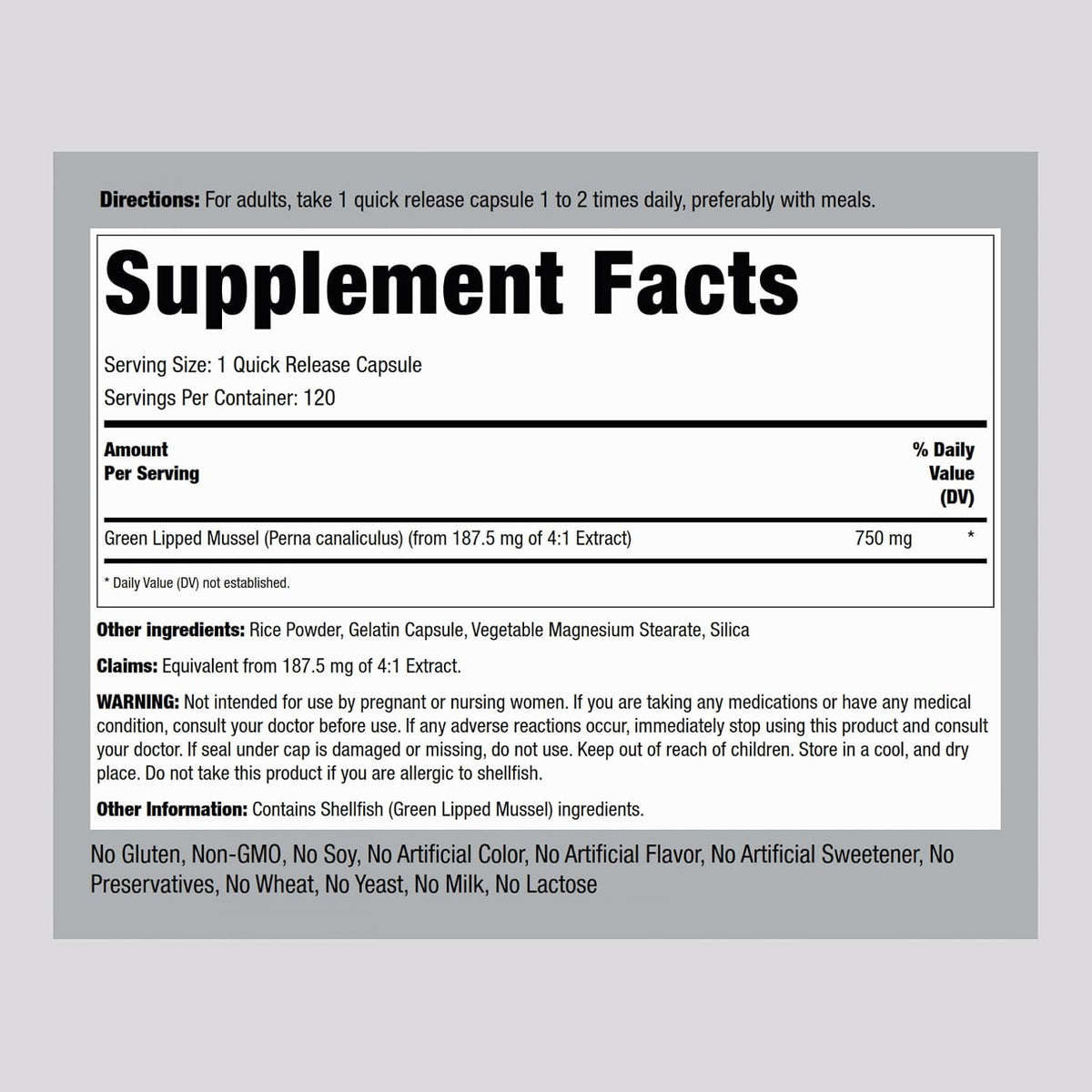 Piping Rock Green Lipped Mussel | 120 Capsules | Supplement for Humans | Freeze Dried from New Zealand | Non-GMO, Gluten Free