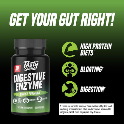 TASTY GAINS - Complete Digestive Enzymes Supplement for Gut Health - Bloating Relief for Men and Women - Enzymes for Digestion - Food Discomfort Relief & Debloat (60 Capsules)