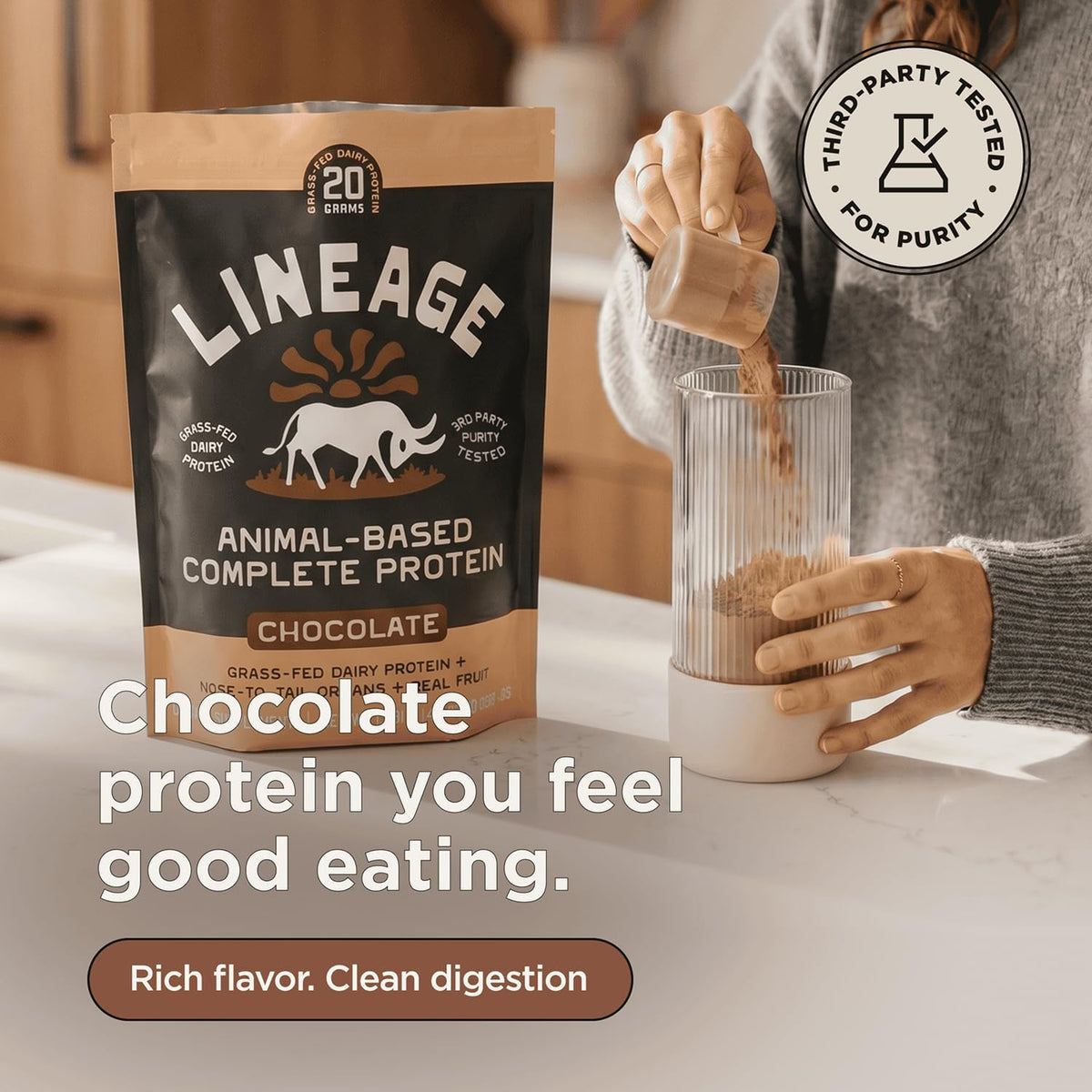 Lineage Provisions Chocolate Whey Protein Powder, 3.09 lbs | 20g complete grass-fed protein with organs, colostrum & fruit. No gums, fillers or artificial sweeteners.