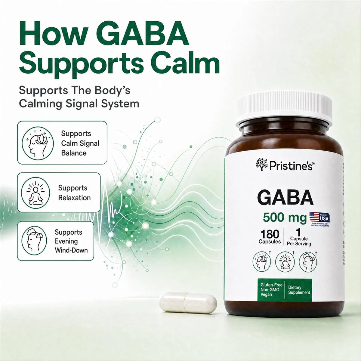 PRISTINE'S GABA 500mg Capsules Sleep Support, Relaxation, 180 Count, Vegan | Evening calm and relaxation support for a simple sleep routine. 180 servings, vegan, non-GMO, gluten-free glass bottle