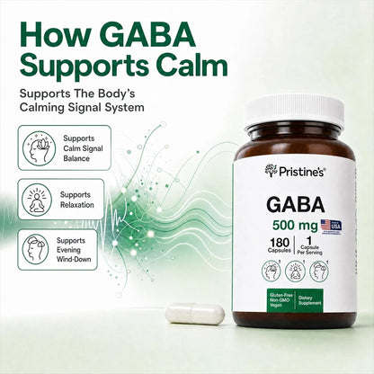 PRISTINE'S GABA 500mg Capsules Sleep Support, Relaxation, 180 Count, Vegan | Evening calm and relaxation support for a simple sleep routine. 180 servings, vegan, non-GMO, gluten-free glass bottle