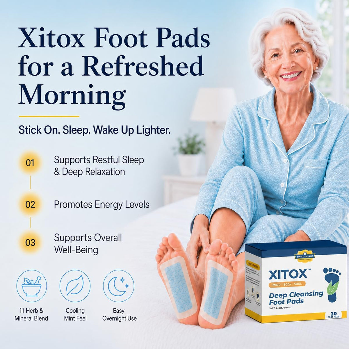 Simple Promise Xitox Foot Pads, Herbal Foot Patches for Nighttime Routine, Rejuvenates Your Body for Restful Sleep, Contains Bamboo Vinegar & Tourmaline, Easy Adhesive Application, 30 Count