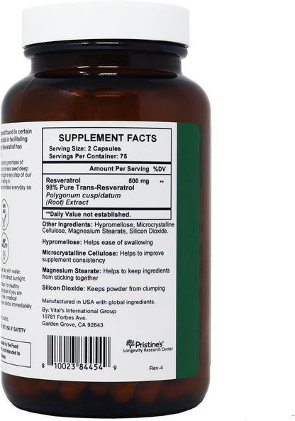 PRISTINE'S Resveratrol 500mg Capsules, 98% Trans-Resveratrol, 150 Count | Healthy aging and antioxidant support from 98% trans-resveratrol. 75 day supply, vegan, non-GMO, gluten-free glass bottle