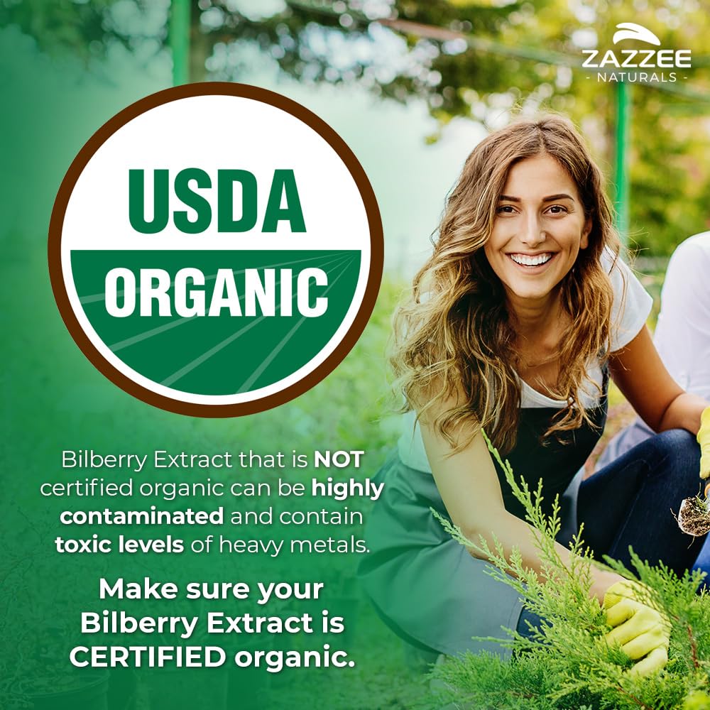 Zazzee USDA Organic Bilberry 20:1 Extract, 120 Vegan Capsules, 4 Month Supply, Vaccinium Myrtillus, Eye Health, Vision & Antioxidant Support, All-Natural, Non-GMO, Made in the USA