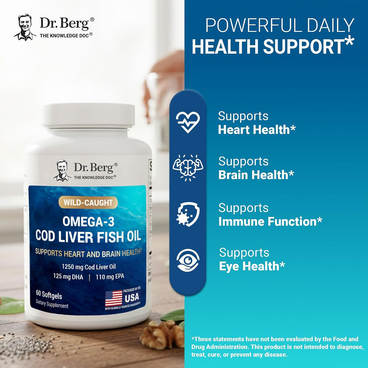 Dr. Berg Omega-3 Cod Liver Fish Oil 60 Softgels – Wild-Caught Icelandic Cod – Omega 3 EPA & DHA – Heart, Brain, Immune & Eye Support* – Lemon Flavor – 4X Lab-Tested – Non-GMO, No Fillers