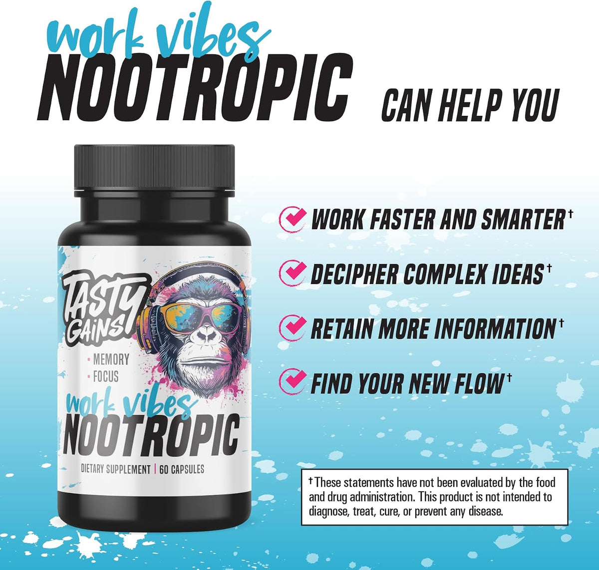 Nootropic Brain Supplement for Memory and Focus - Vitamin for Mental Health & Brain Health with L-Theanine, Rhodiola Rosea & Phosphatidylserine - Memory, Mental Clarity & Cognitive Improvement - 60 Ct