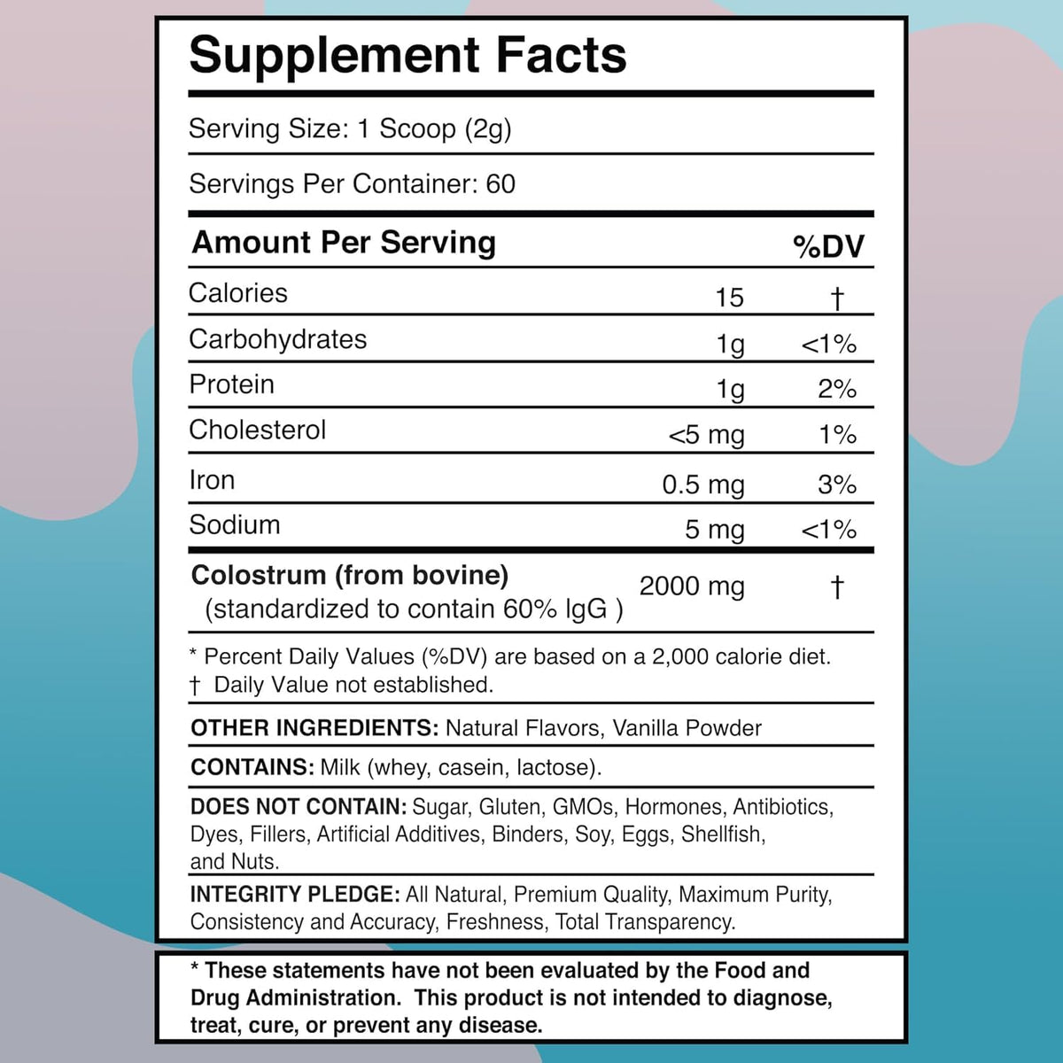 Colostrum Powder 2000mg - Vanilla Flavor, 60% IgG Bovine Colostrum Supplement for Gut Health, Immune Support, Clean Skin, Anti-Aging, Grass-Fed Calostro Bovino Powder, Keto, Gluten-Free - 60 Servings