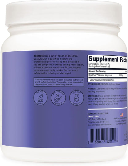 Type Zero Betaine Anhydrous Powder (1 LB) Unflavored, 1,500mg Per Serving | Clean Betaine Anhydrous Supplement, TMG, Trimethylglycine, Keto, GMO-Free