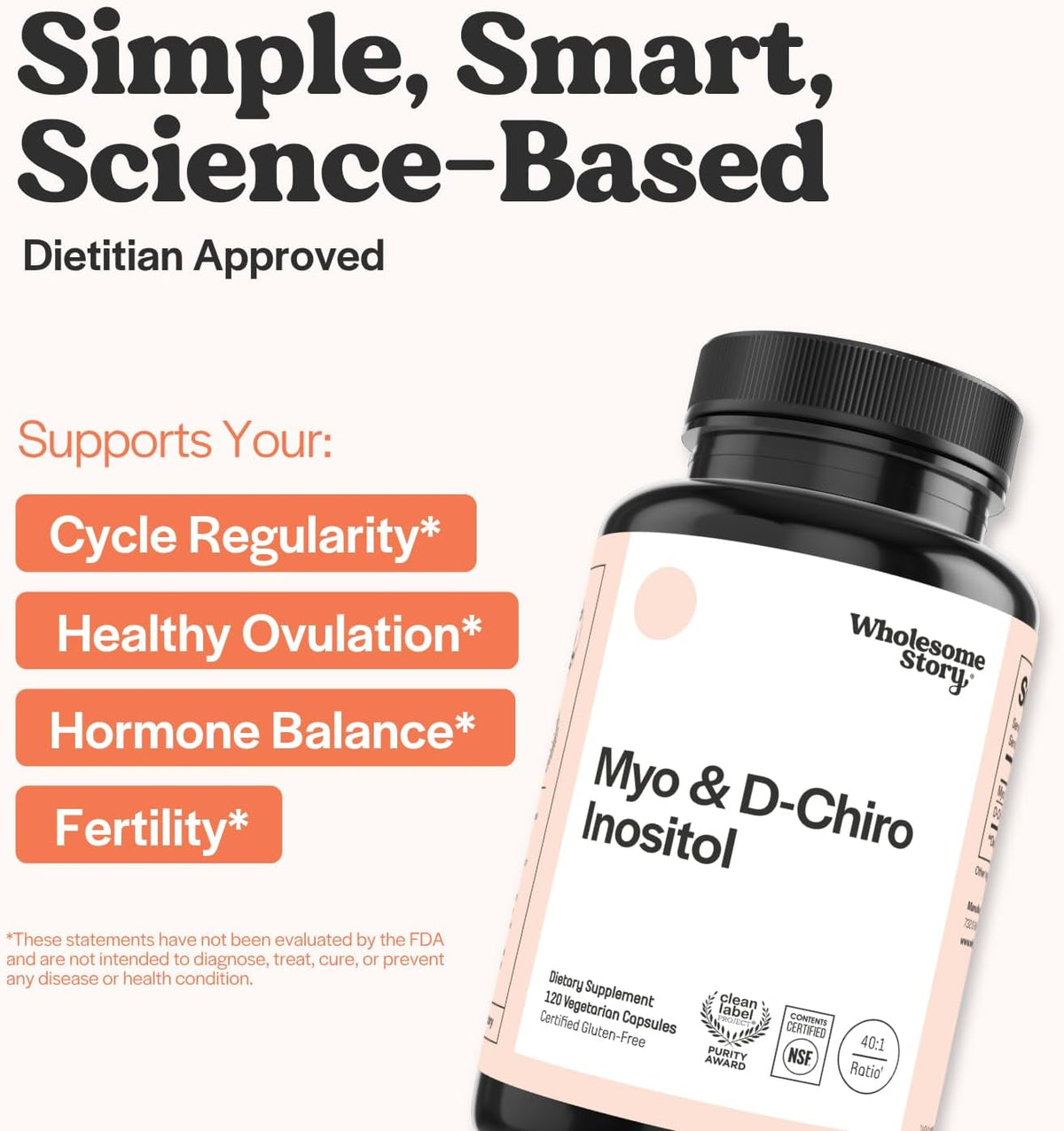 Wholesome Story Myo-Inositol & D-Chiro Inositol Supplement for Women | Fertility Supplements for Hormonal Balance & Ovarian Health Support | Myoinositol | Ideal 40:1 Ratio | 30 Servings