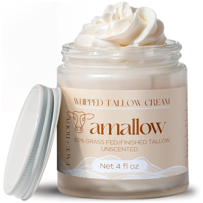 Amallow 100% Grass Fed Beef Tallow for Skin Care - Face + Body - Whipped Moisturizer for Sensitive Skin - Natural Lotion, 4 FL. oz. (Unscented)