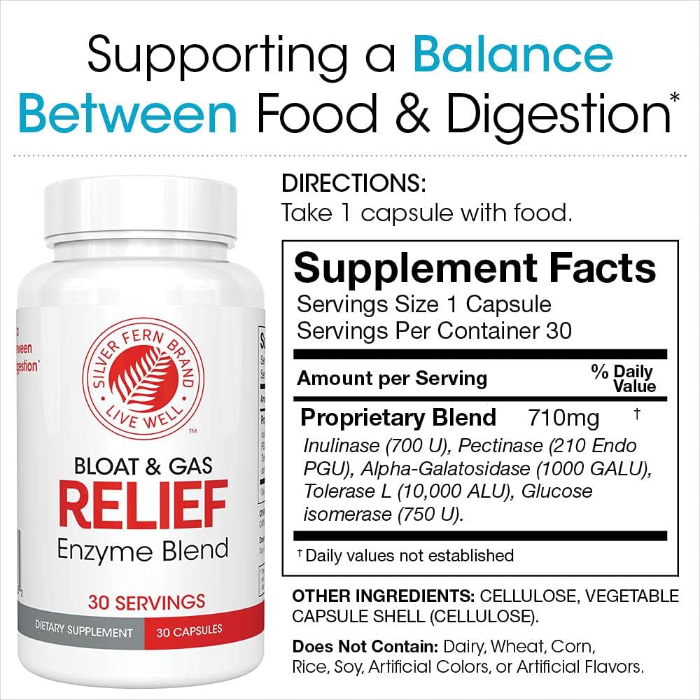Silver Fern Bloat & Gas Relief Digestive Enzyme Blend 1 Bottle 30 Servings | FODMAP & Bloating Digestion Supplement with Tolerase L, Pectinase & More (1 Bottle)