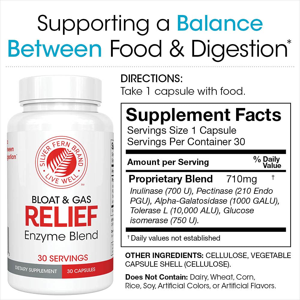 Silver Fern Bloat & Gas Relief Digestive Enzyme Blend 1 Bottle 30 Servings | FODMAP & Bloating Digestion Supplement with Tolerase L, Pectinase & More (1 Bottle)