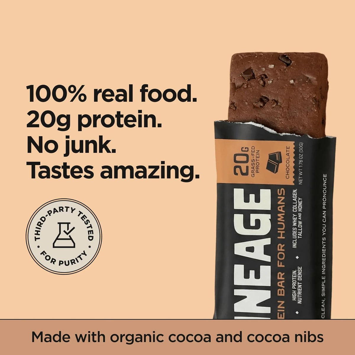 Lineage Provisions Chocolate Protein Bars, 12 Pack | 20g grass fed whey protein & collagen, gluten free, no seed oils, nothing artificial, with raw honey