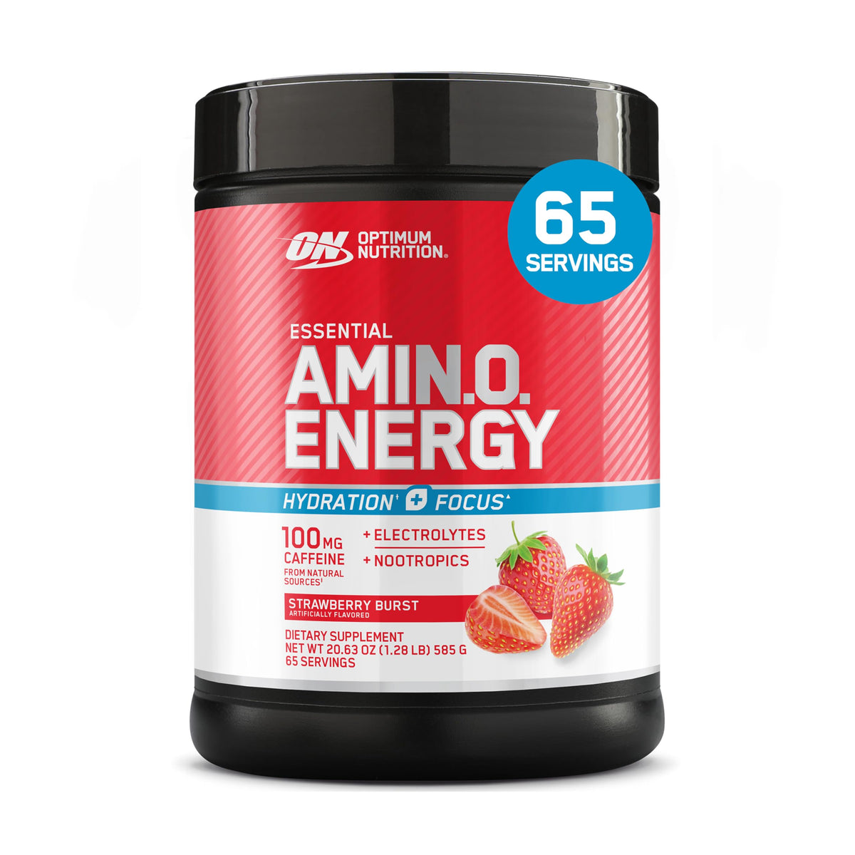 Optimum Nutrition, Amino Energy Powder Plus Focus, with Bcaa, Electrolytes, and Caffeine, Watermelon, 30 Servings | Contains BCAAs, Electrolytes, 100 mg Caffeine, 5g Amino Acids, Zero Sugar, Supports Hydration, Banned Substance Tested